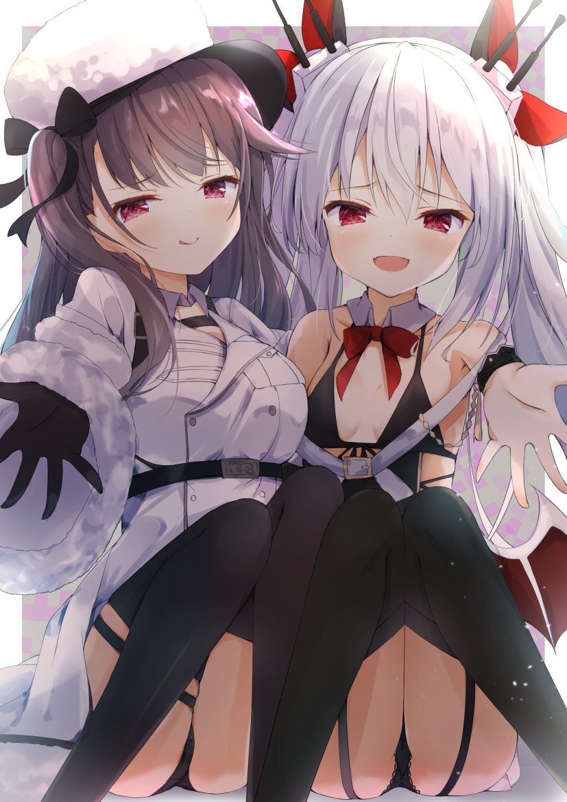 2girls azur_lane bare_shoulders black_hair black_legwear black_panties blush breasts detached_sleeves garter_straps hair_ornament hair_ribbon hat lace lace_panties large_breasts long_hair looking_at_viewer madotsukumo multiple_girls open_mouth pamiat_merkuria_(azur_lane) panties pantyshot reaching_out red_eyes ribbon silver_hair small_breasts smile smirk thighhighs two_side_up underwear vampire_(azur_lane)