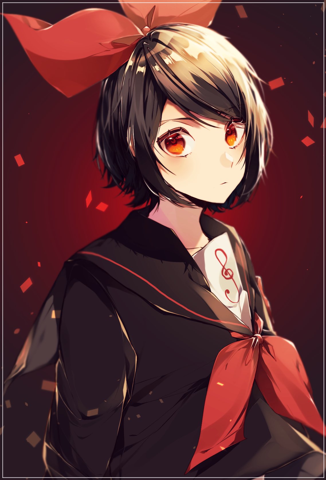 1girl bangs black_hair black_sailor_collar black_serafuku black_shirt bow closed_mouth collarbone collared_shirt eyebrows_visible_through_hair hair_bow highres kagamine_rin long_sleeves looking_at_viewer lost_one_no_goukoku_(vocaloid) manya_sora musical_note musical_note_print neckerchief orange_eyes red_bow red_neckwear sailor_collar sailor_shirt school_uniform serafuku shiny shiny_hair shirt short_hair solo swept_bangs treble_clef upper_body vocaloid