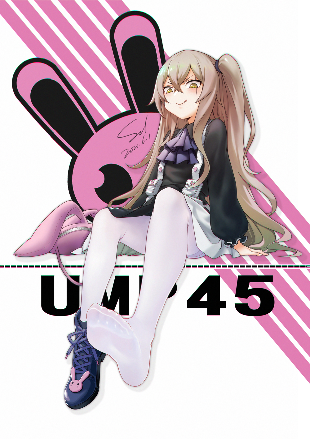 1girl animal_bag ascot brown_hair bunny_bag character_name commentary_request dated diestren dress feet girls_frontline highres licking_lips long_hair long_sleeves looking_down official_alternate_costume one_side_up pantyhose scar scar_across_eye shoes single_shoe sitting soles solo tongue tongue_out ump45_(girls_frontline) white_legwear yellow_eyes younger