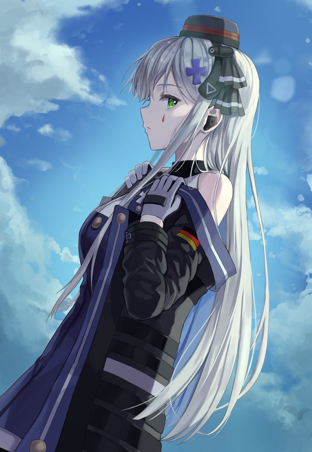 1girl bare_shoulders breasts cloud commentary earpiece facial_mark from_side german_flag girls_frontline gloves green_eyes hair_ornament hairband hat highres hk416_(girls_frontline) jacket kiou large_breasts long_hair mod3_(girls_frontline) profile sidelocks silver_hair sky solo upper_body