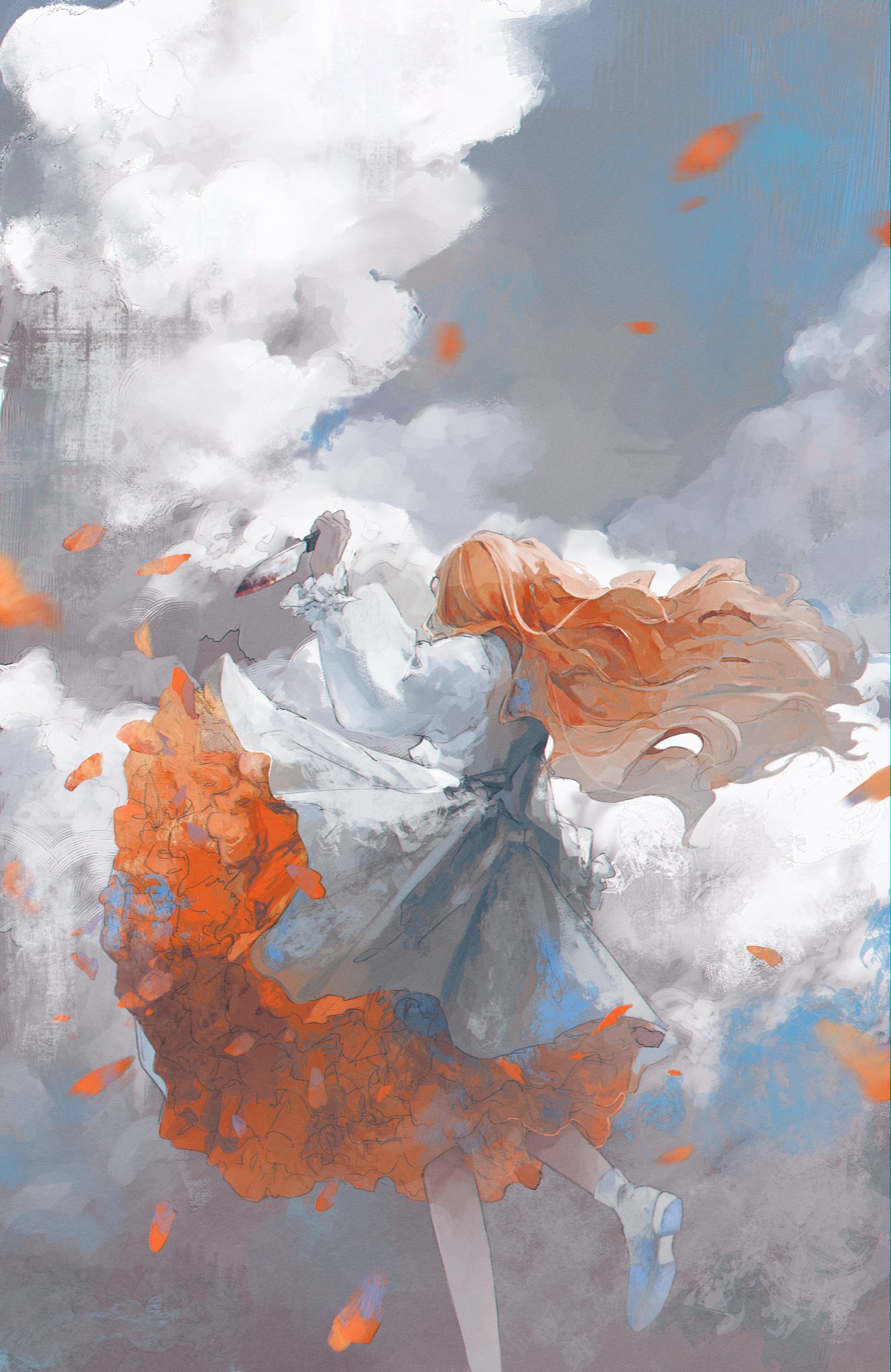 1girl blood bloody_knife cloud dokuloth dress frilled_dress frills from_behind highres holding holding_knife knife long_hair long_sleeves orange_hair original puffy_long_sleeves puffy_sleeves sky solo white_dress white_footwear