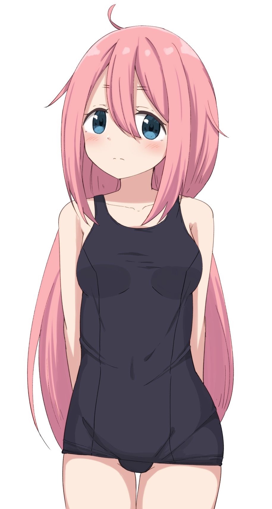 1girl ahoge arms_behind_back bangs bare_arms bare_shoulders black_swimsuit blue_eyes blush breasts closed_mouth collarbone covered_navel eyebrows_visible_through_hair hair_between_eyes highres hippo_(hirople) kagamihara_nadeshiko long_hair old_school_swimsuit one-piece_swimsuit pink_hair school_swimsuit simple_background small_breasts solo swimsuit thigh_gap very_long_hair white_background yurucamp