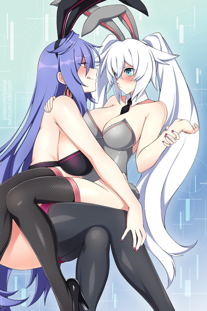 2girls animal_ears black_heart blue_eyes blush breasts detached_collar eyebrows_visible_through_hair fake_animal_ears fishnets hair_between_eyes hand_on_own_knee high_heels iris_heart kami_jigen_game_neptune_v large_breasts legs leotard licking_lips lindaroze long_hair multiple_girls necktie neptune_(series) noire pink_eyes playboy_bunny purple_hair pururut thighhighs tongue tongue_out twintails white_hair yuri