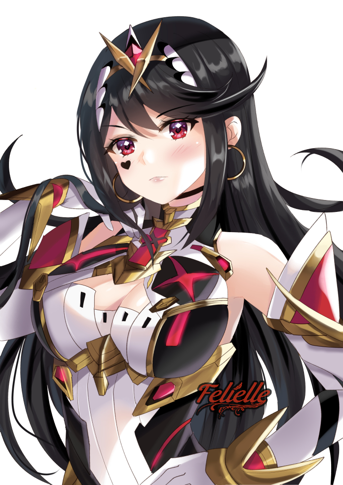 1girl alternate_eye_color alternate_hair_color black_hair blush bodysuit breasts chest_jewel cleavage cleavage_cutout clothing_cutout detached_sleeves earrings facial_mark felielle gloves heart hoop_earrings jewelry large_breasts long_hair mythra_(xenoblade) red_eyes simple_background tagme tiara very_long_hair white_background white_bodysuit xeno_(series) xenoblade_chronicles_(series) xenoblade_chronicles_2