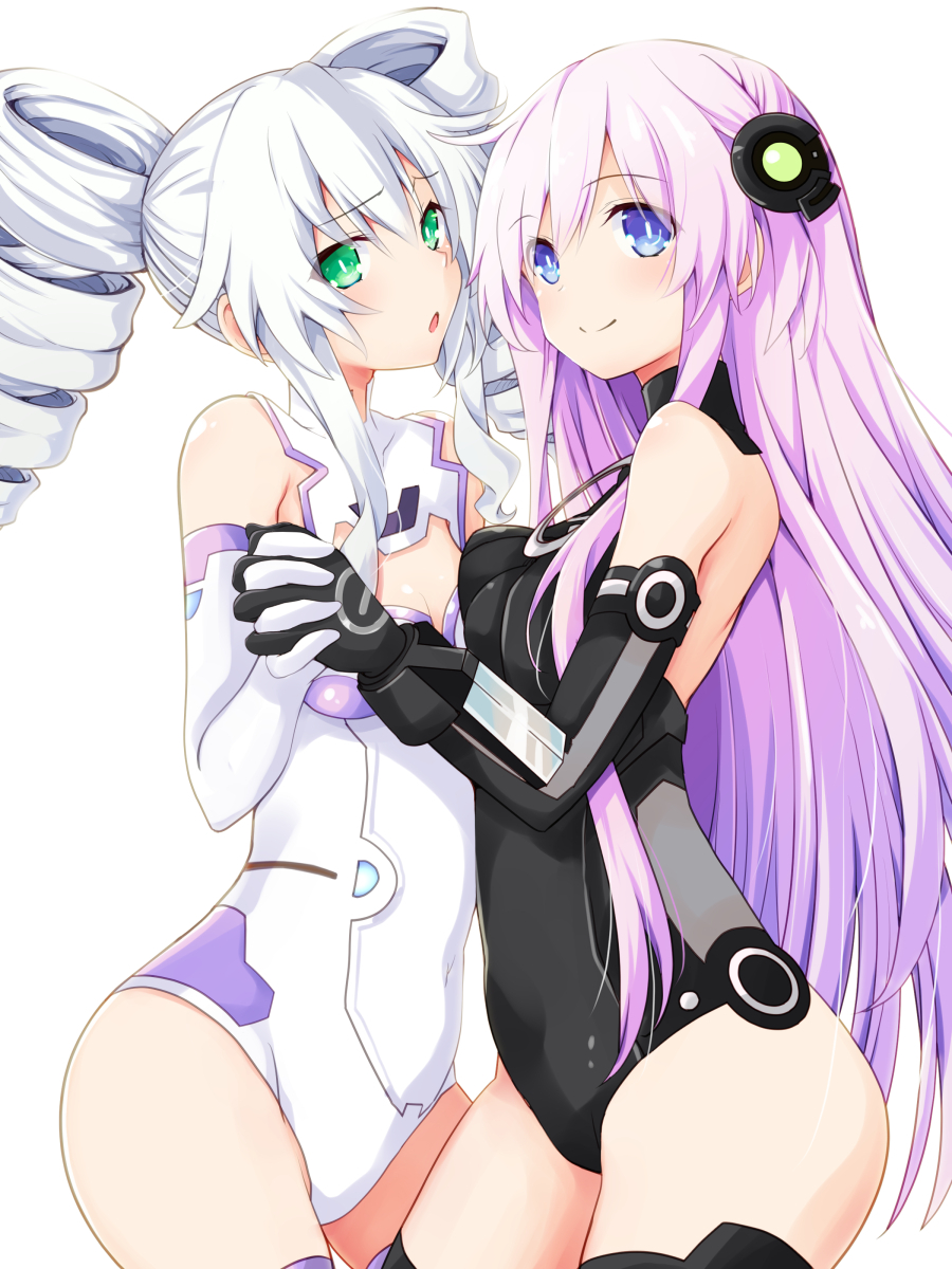 2girls asymmetrical_docking bare_shoulders black_gloves black_legwear black_leotard black_sister black_sister_(cosplay) blue_eyes blush boots breast_press breasts cleavage cleavage_cutout clothing_cutout cosplay costume_switch covered_navel cowboy_shot drill_hair elbow_gloves from_side gloves green_eyes hair_between_eyes hands_up headgear highres hip_focus holding_hands interlocked_fingers iwashi_dorobou_-r- leaning_forward leotard long_hair looking_at_viewer medium_breasts multiple_girls neptune_(series) open_mouth pink_hair power_symbol purple_hair purple_sister purple_sister_(cosplay) silver_hair small_breasts smile symbol-shaped_pupils thigh_boots thighhighs twin_drills very_long_hair white_gloves white_hair white_leotard