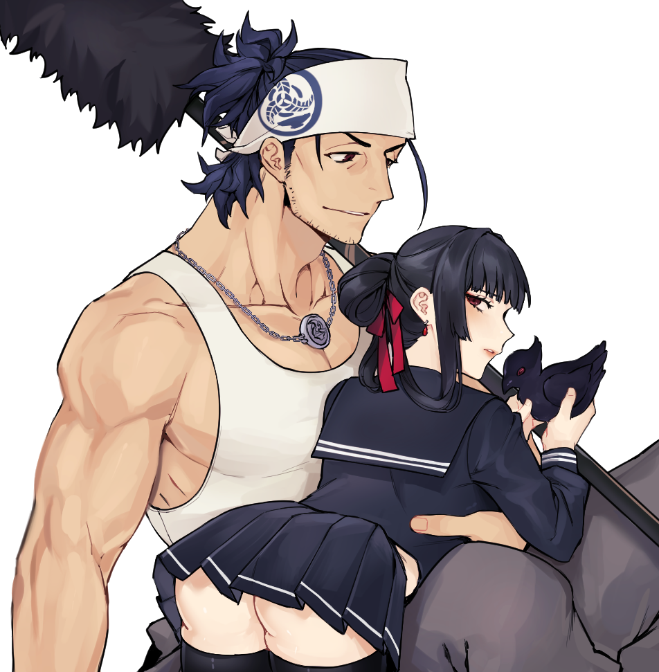 1boy 1girl artist_request ass_visible_through_thighs bandana bird black_hair couple facial_hair female_saniwa_(touken_ranbu) hair_ribbon hime_cut japanese_clothes looking_back mature_male miko muscular nihongou_(touken_ranbu) pleated_skirt polearm purple_eyes raven_(animal) red_eyes ribbon saniwa_(touken_ranbu) school_uniform serafuku skirt source_request spear stubble tank_top touken_ranbu weapon yari