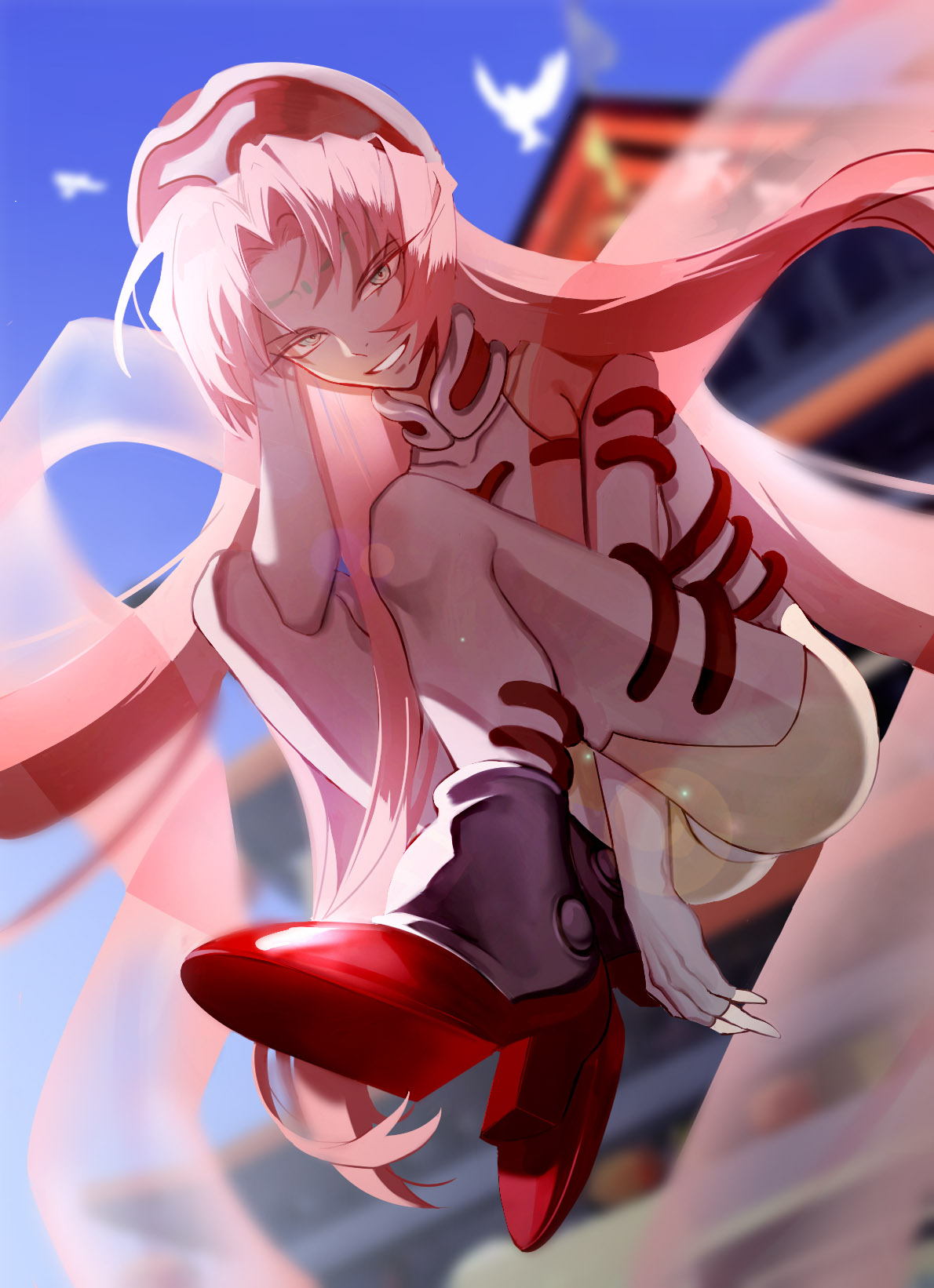 1girl bangs bare_shoulders between_legs blue_eyes blurry blurry_background drawing elbow_gloves facial_mark flying forehead_mark from_below gloves grin hagoromo hand_between_legs hat high_heels highleg highleg_leotard highres houshin_engi leotard long_hair pink_hair shawl smile so_dakki solo thighhighs very_long_hair wago