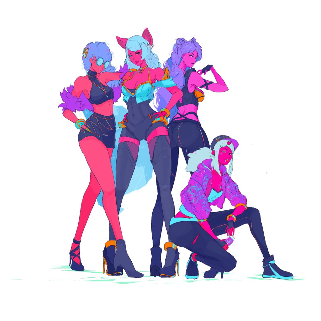 4girls ahri akali bare_shoulders black_footwear black_legwear black_pants black_skirt blue_hair bracelet colored_skin covered_navel elliemaplefox evelynn_(league_of_legends) hands_on_hips high_heels jacket jewelry k/da_(league_of_legends) k/da_ahri k/da_akali k/da_evelynn k/da_kai'sa kai'sa league_of_legends long_hair midriff multiple_girls pants purple_hair purple_skin red_skin round_eyewear simple_background skirt standing tail thighhighs white_background