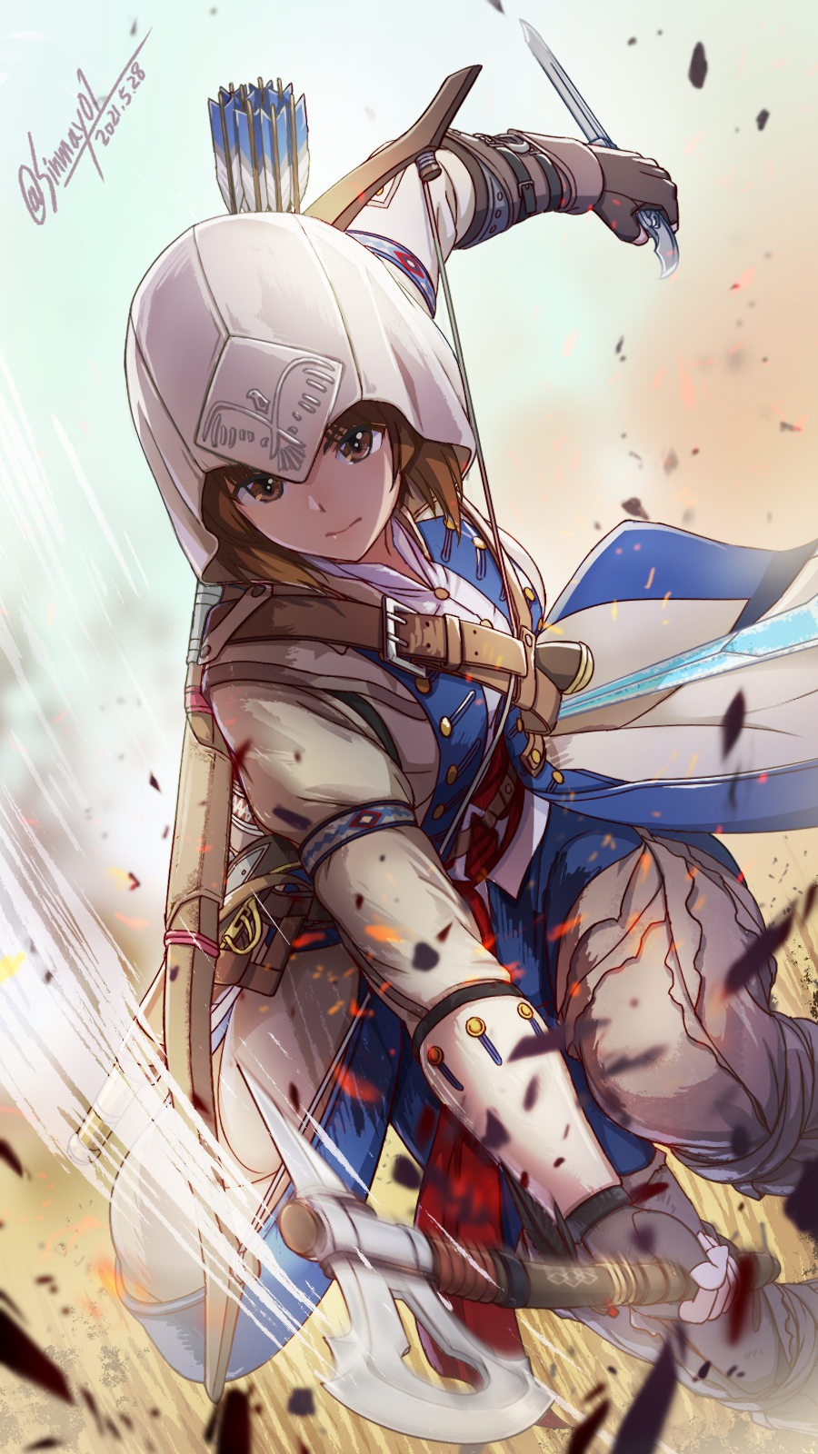 1girl arrow_(projectile) assassin's_creed_(series) assassin's_creed_iii axe bangs bow_(weapon) brown_eyes brown_gloves brown_hair coat connor_kenway connor_kenway_(cosplay) cosplay dual_wielding fingerless_gloves girls_und_panzer gloves highres holding holding_axe holding_knife hood hood_up hooded_coat knife long_sleeves nishizumi_miho shinmai_(kyata) short_hair solo tomahawk weapon white_coat