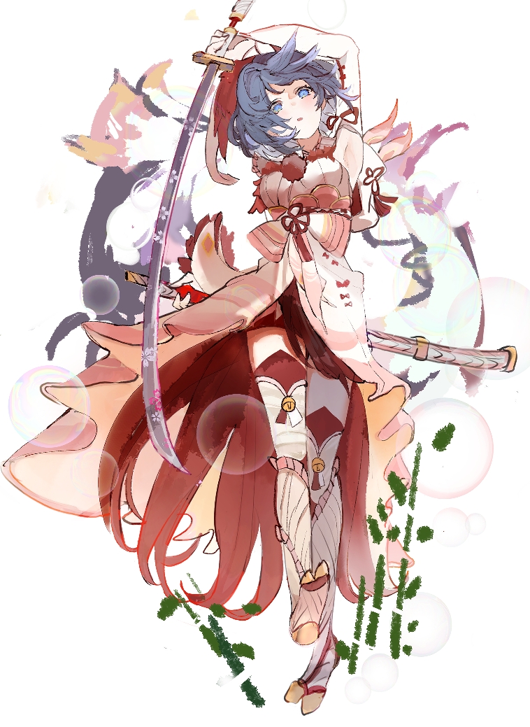 1girl armor bangs bare_shoulders black_hair detached_sleeves fox_mask hair_ornament holding holding_weapon hood japanese_clothes long_hair looking_at_viewer mask meyoichika mizutsune mizutsune_(armor) monster_hunter_(series) monster_hunter_rise parted_lips short_hair simple_background skirt smile solo thighhighs weapon