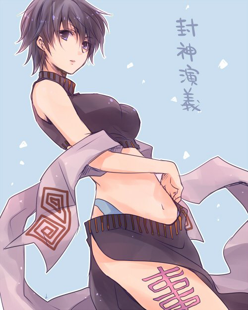 1girl bangs bare_arms bare_shoulders black_hair blue_background breasts crop_top harushino houshin_engi large_breasts leg_tattoo looking_at_viewer midriff navel ou_kijin pelvic_curtain shawl short_hair simple_background sketch solo tattoo thigh_tattoo