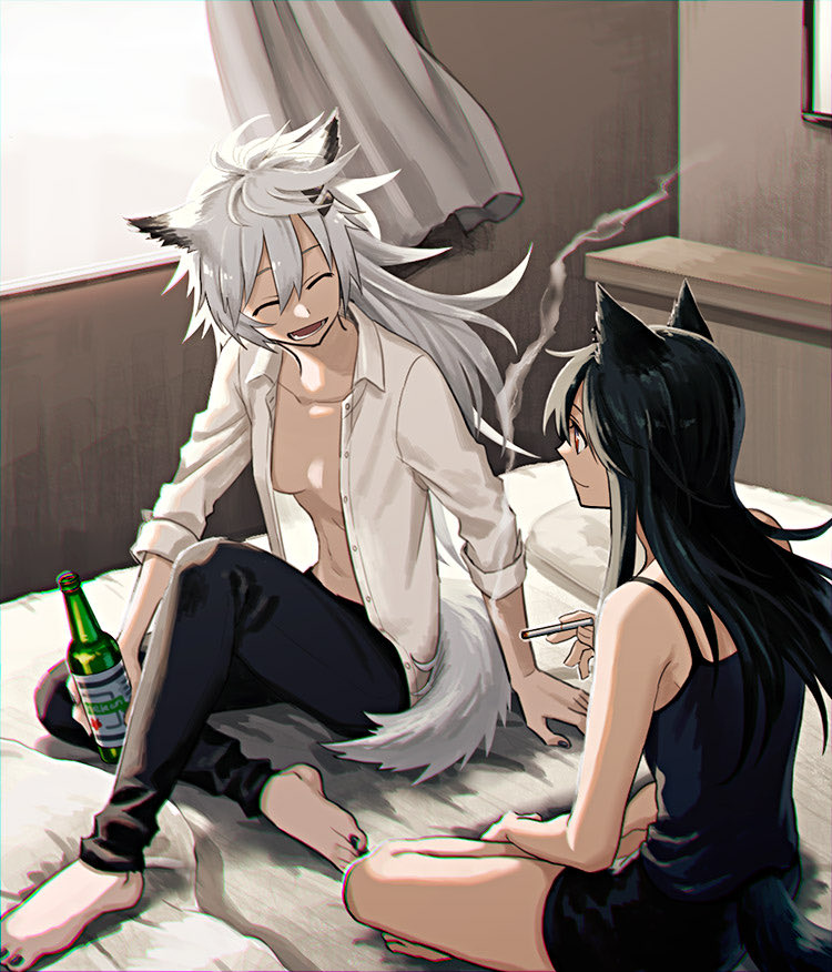 2girls alcohol alternate_costume animal_ears arknights barefoot beer black_camisole black_hair black_nails black_pants black_shorts bottle breasts camisole casual chromatic_aberration cigarette closed_eyes collared_shirt commentary crossed_legs curtains day dress_shirt english_commentary full_body hair_between_eyes heineken holding holding_bottle holding_cigarette indian_style indoors kuroda_(nanchara_flight) lappland_(arknights) long_hair looking_at_another medium_breasts multiple_girls nail_polish no_bra on_bed open_clothes open_mouth open_shirt pants pillow red_eyes shirt short_shorts shorts silver_hair sitting sleeveless sleeves_rolled_up smile smoke spaghetti_strap sunlight tail texas_(arknights) toenail_polish toned unbuttoned white_shirt wind window wing_collar wolf_ears wolf_tail