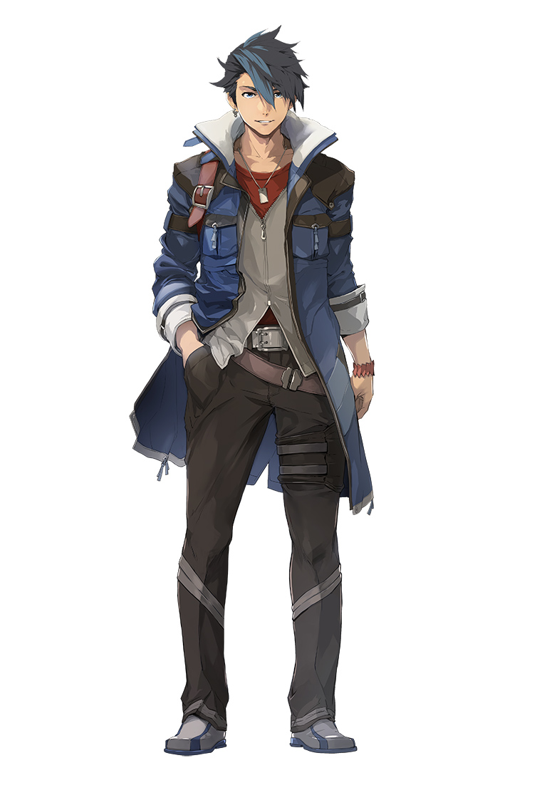 1boy bangs belt black_hair black_pants blue_coat blue_eyes blue_hair brown_belt closed_mouth coat collarbone dog_tags earrings eiyuu_densetsu enami_katsumi full_body grey_vest grin hair_between_eyes hand_in_pocket jewelry kuro_no_kiseki long_sleeves looking_at_viewer male_focus metal_belt multicolored_hair multiple_belts official_art open_clothes open_coat pants partially_unzipped red_shirt shirt shoes short_hair silver_footwear simple_background smile solo spiked_hair standing strap swept_bangs thigh_strap third-party_source two-tone_hair van_arkride vest white_background wristband