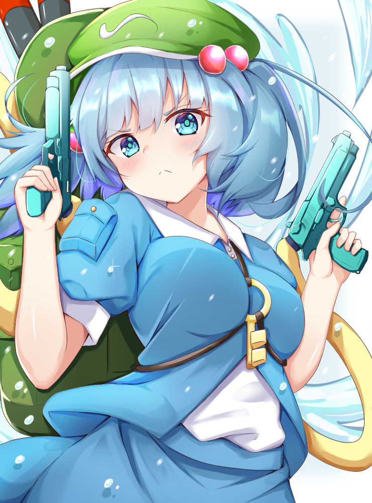 1girl blue_eyes blue_hair blush breasts commentary_request dual_wielding frown green_headwear gun hair_bobbles hair_ornament handgun hat holding holding_gun holding_weapon kawashiro_nitori key looking_at_viewer medium_breasts pistol rururiaru short_hair short_sleeves solo touhou twintails weapon