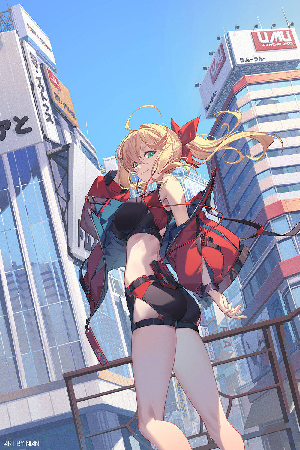 1girl ahoge arm_up artist_name ass bangs bare_legs bare_shoulders black_shorts blue_sky breasts building city closed_mouth commentary copyright_name crop_top day english_commentary fate/grand_order fate_(series) feet_out_of_frame from_side hair_between_eyes hair_ribbon hand_in_hair highres jacket large_breasts long_hair long_sleeves looking_at_viewer looking_to_the_side nero_claudius_(fate) nero_claudius_(fate)_(all) nian open_clothes open_jacket outdoors ponytail railing red_jacket red_ribbon ribbon short_shorts shorts sky smile solo standing