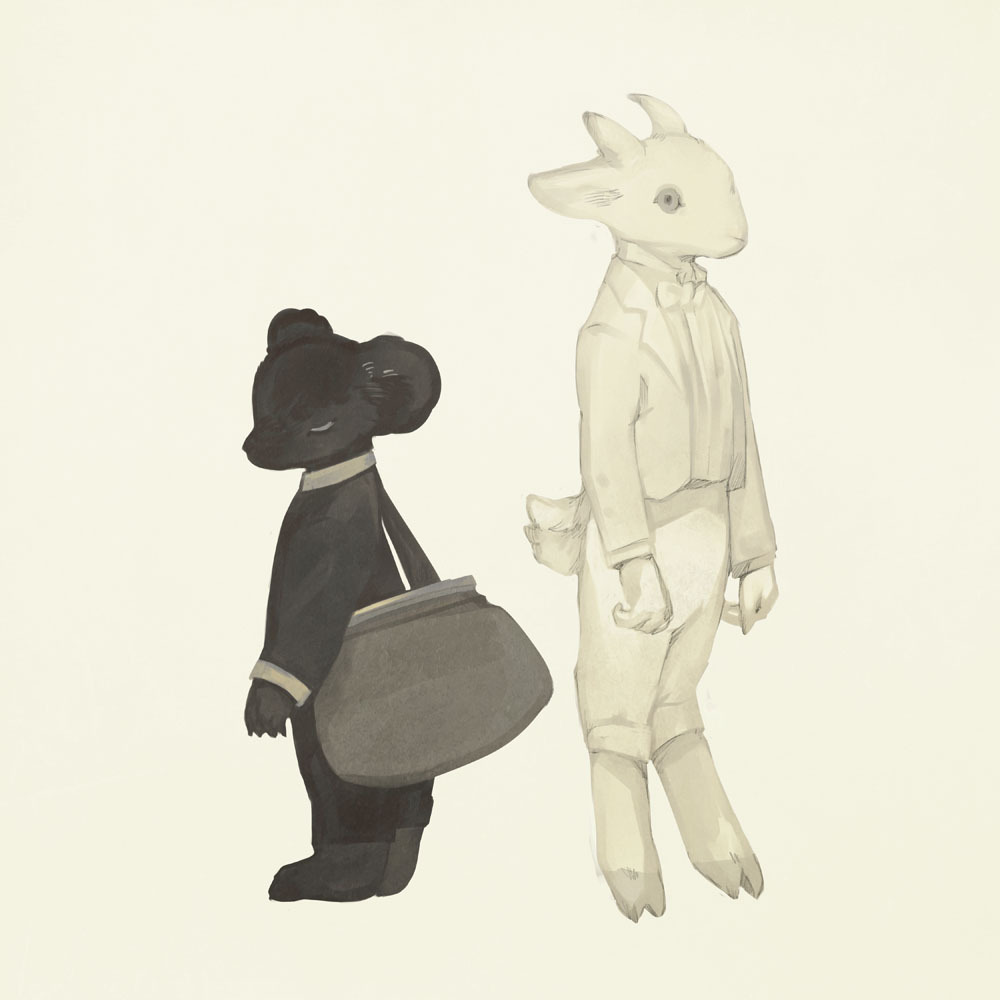 animal animal_focus bag bear black_bear black_jacket bow bowtie closed_eyes clothed_animal formal goat grey_eyes hooves horns jacket no_humans original pants shirt simple_background standing suit tail tono_(rt0no) tuxedo white_jacket white_neckwear white_pants white_shirt white_suit