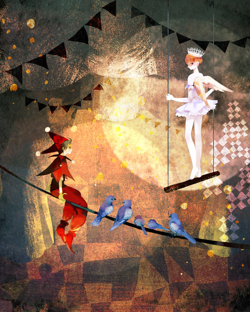 1boy 1girl angel_wings animal banner bird boots brown_hair capelet circus crown dress gloves hat jester jester_cap looking_back orange_hair original pants red_footwear red_headwear red_pants red_shirt shirt short_hair sitting strapless strapless_dress tono_(rt0no) trapeze white_dress white_wings wings yellow_gloves