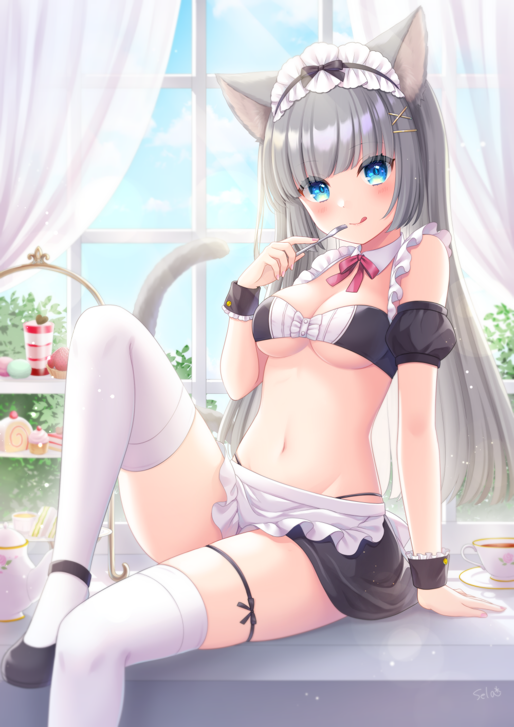 1girl :q animal_ears apron artist_name black_footwear black_skirt blue_eyes breasts cake cat_ears cat_girl cat_tail commentary_request cup curtains day detached_collar detached_sleeves food fork frilled_apron frilled_hairband frills hairband highres holding holding_fork indoors knee_up long_hair looking_at_viewer maid maid_headdress mary_janes medium_breasts midriff miniskirt nail_polish navel original puffy_short_sleeves puffy_sleeves shoes short_sleeves signature silver_hair sitting_in_window skirt smile solo stardrop sweets tail tea teacup teapot thigh_strap thighhighs tongue tongue_out underboob white_legwear window windowsill wrist_cuffs