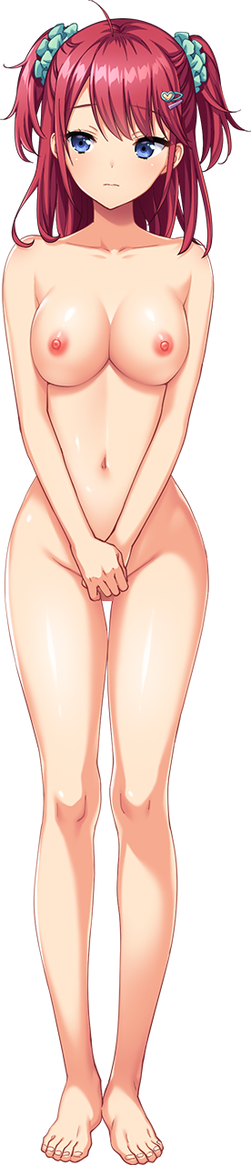1girl bangs barefoot blue_eyes breasts collarbone completely_nude covering covering_crotch eyebrows_visible_through_hair full_body hair_ornament hairclip hands_together highres koorogi_maya large_breasts long_hair long_image natsuhiko navel nipples nude official_art photoshop_(medium) red_hair saint_dorei_gakuen_2 solo standing tachi-e tall_image transparent_background two_side_up v_arms