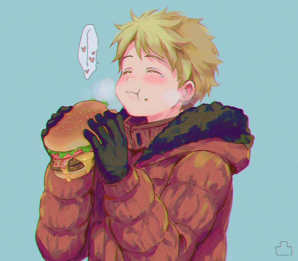 1boy bacon black_gloves blonde_hair blue_background blush breath burger cheese closed_eyes food food_on_face fur_trim gloves heart hood hood_down kenny_mccormick lettuce long_sleeves male_focus pantygnomes shadow short_hair simple_background solo south_park speech_bubble tomato upper_body