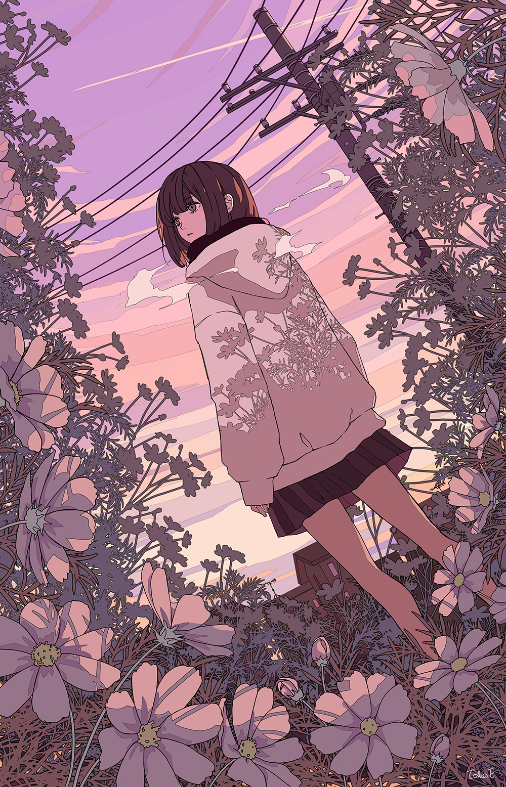1girl black_skirt breath brown_eyes brown_hair commentary condensation_trail dutch_angle evening expressionless eyebrows_visible_through_hair flat_color flower flower_request from_behind highres hood hood_down hoodie ligne_claire limited_palette long_sleeves looking_to_the_side medium_hair original outdoors parted_lips pink_sky pink_theme pleated_skirt power_lines purple_sky radio_antenna seraphitalg signature skirt sleeves_past_wrists solo standing utility_pole white_flower white_hoodie
