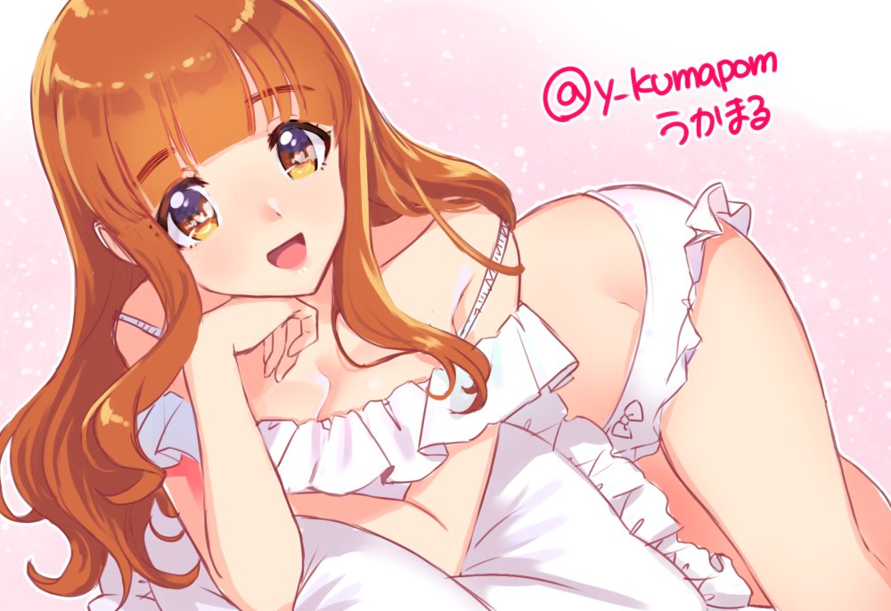 1girl :d arm_up artist_name bangs blunt_bangs bow bow_panties bra chin_rest commentary eyebrows_visible_through_hair frilled_panties frilled_pillow frills girls_und_panzer lingerie lips long_hair looking_at_viewer lying on_side open_mouth orange_eyes orange_hair panties pillow pink_background pink_panties smile solo takebe_saori thighs twitter_username ukamaru underwear underwear_only white_bra