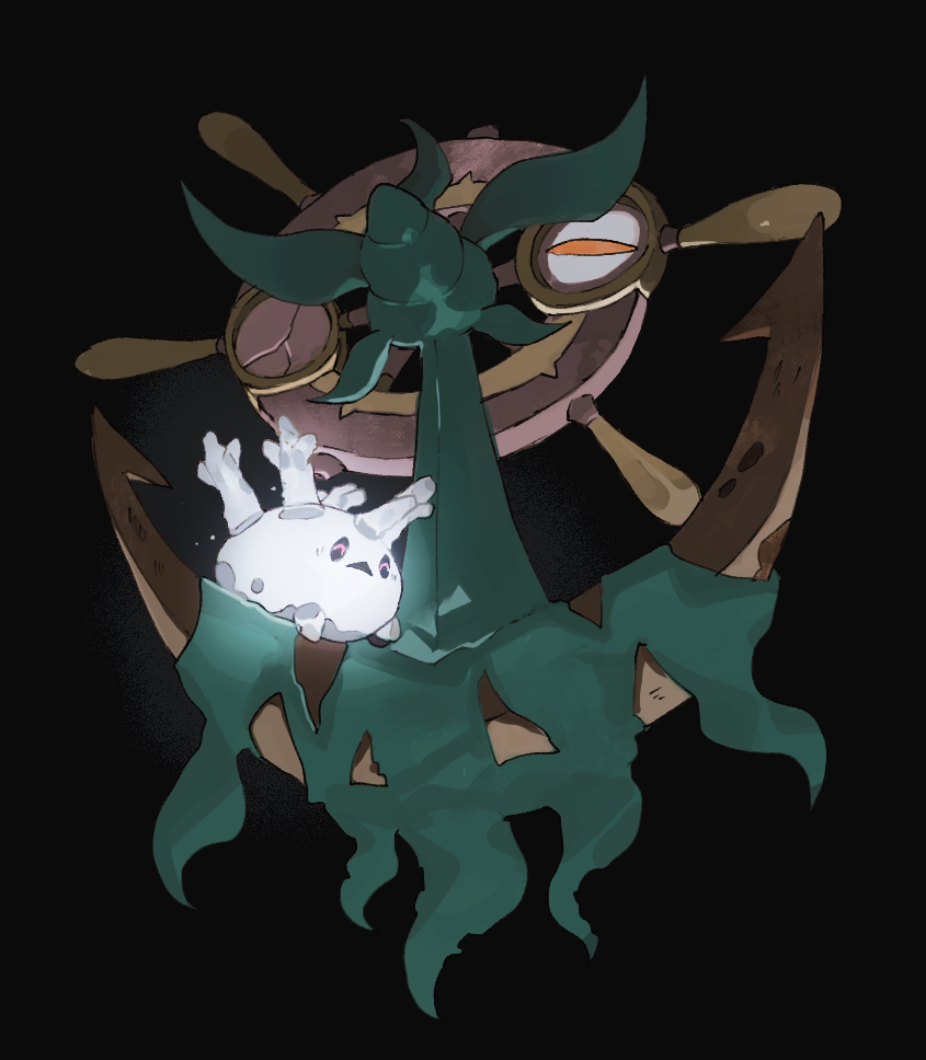 black_background closed_eyes commentary_request dhelmise from_below galarian_corsola galarian_form gen_7_pokemon gen_8_pokemon glowing moss newo_(shinra-p) no_humans open_mouth orange_eyes pokemon pokemon_(creature) simple_background