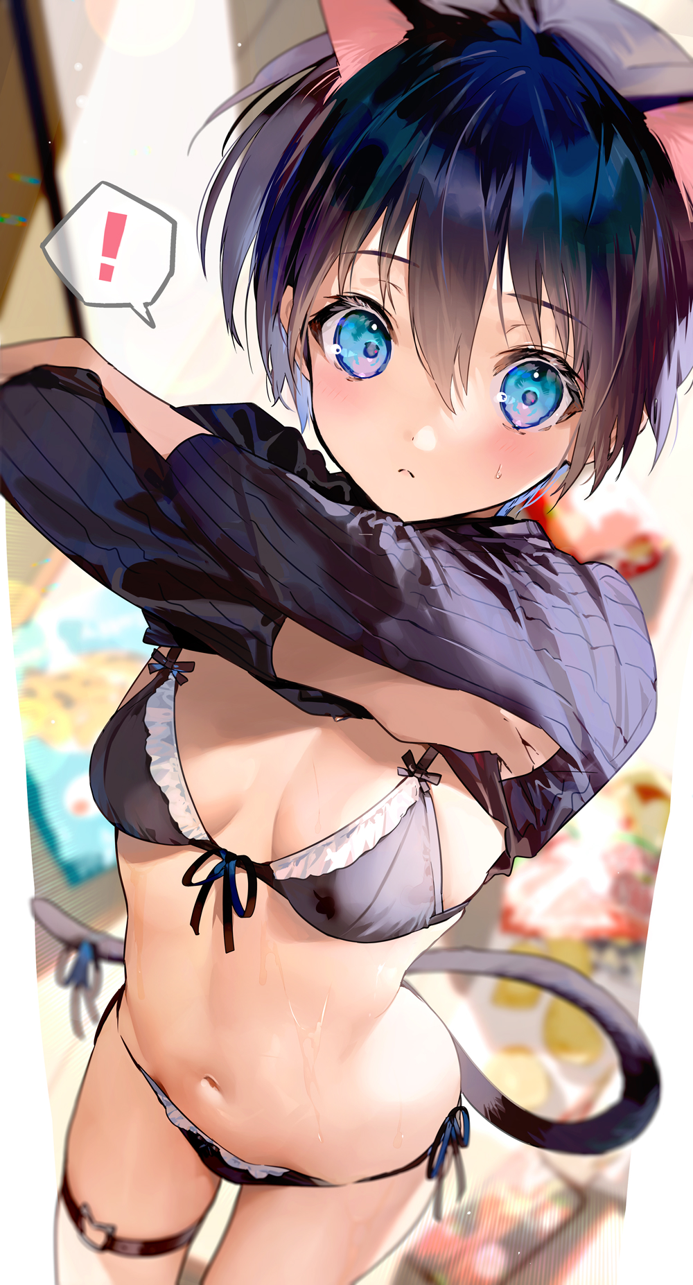 ! 1girl animal_ears bikini_bridge black_bra black_hair black_panties black_sweater blue_eyes bra breasts cat_ears cat_tail closed_mouth eyebrows_visible_through_hair genderswap genderswap_(mtf) hair_between_eyes highres houshin_engi looking_at_viewer medium_breasts mimoza_(96mimo414) panties short_hair side-tie_panties solo spoken_exclamation_mark sweat sweater taikoubou tail underwear undressing