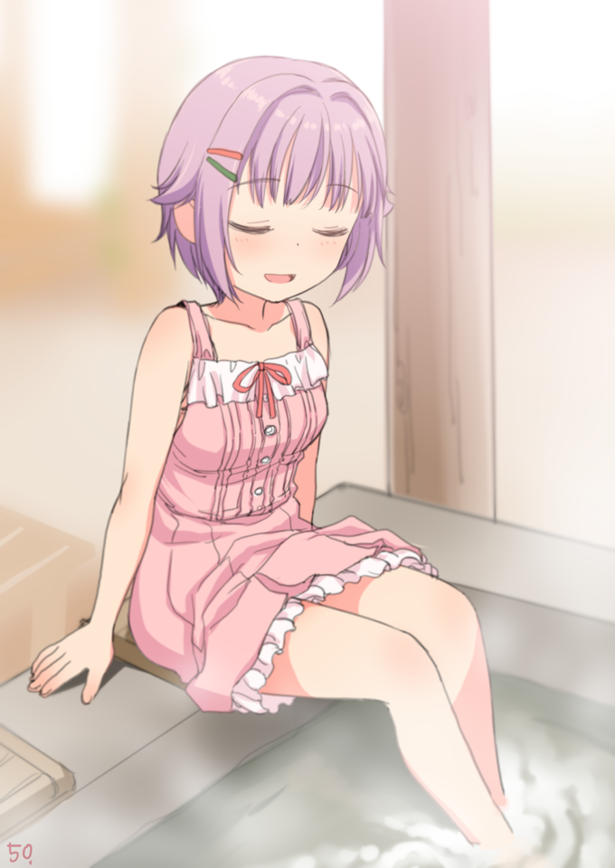 1girl closed_eyes dress foot_bath frilled_dress frills hair_intakes hair_ornament hairclip idolmaster idolmaster_cinderella_girls koshimizu_sachiko pink_hair sakaki_imasato short_hair sitting solo