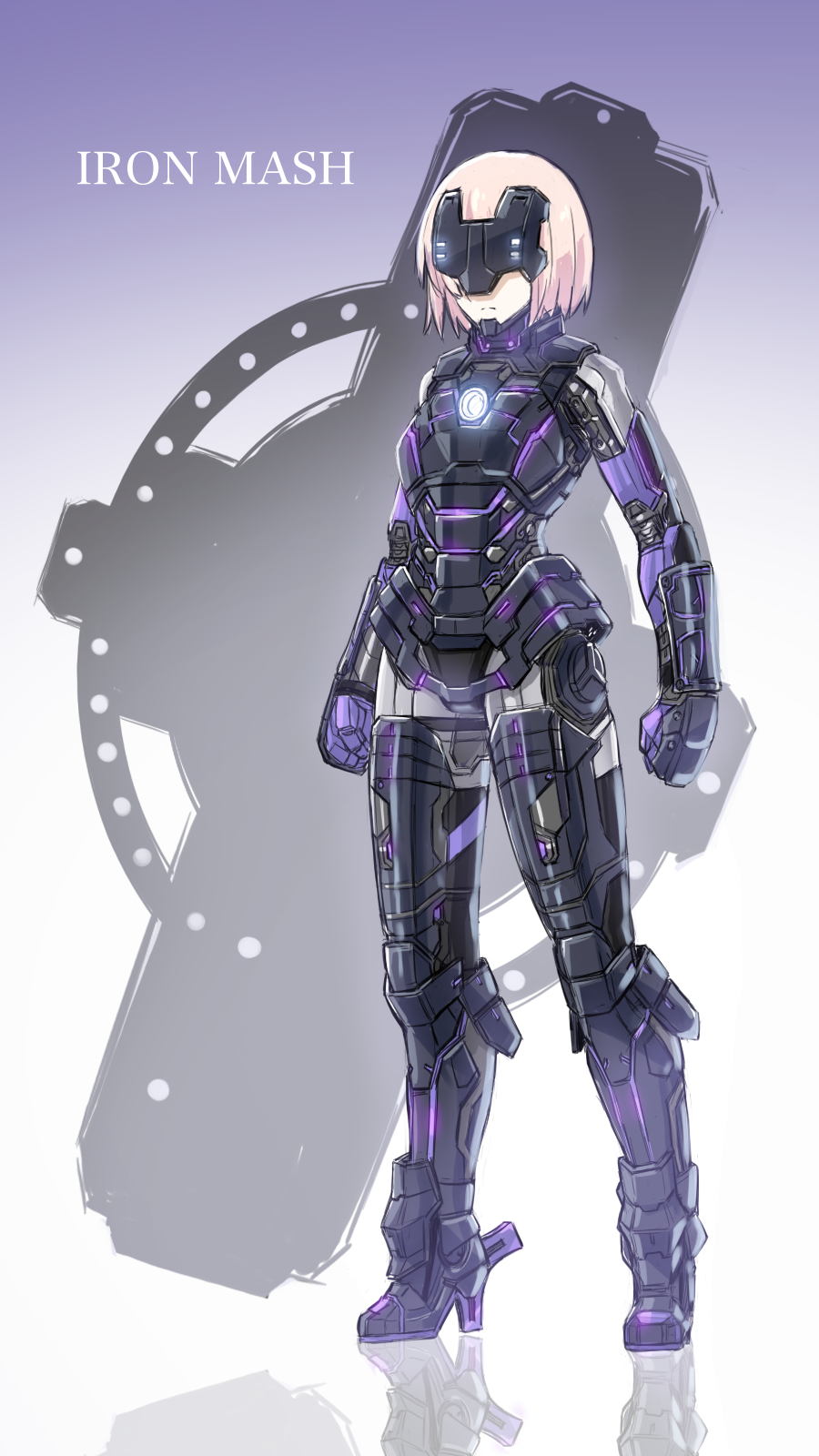 1girl akaza armor armored_leotard avengers black_armor cosplay fate/grand_order fate_(series) head_mounted_display highres holding holding_shield iron_man iron_man_(cosplay) mash_kyrielight ortenaus purple_hair shield short_hair solo stern