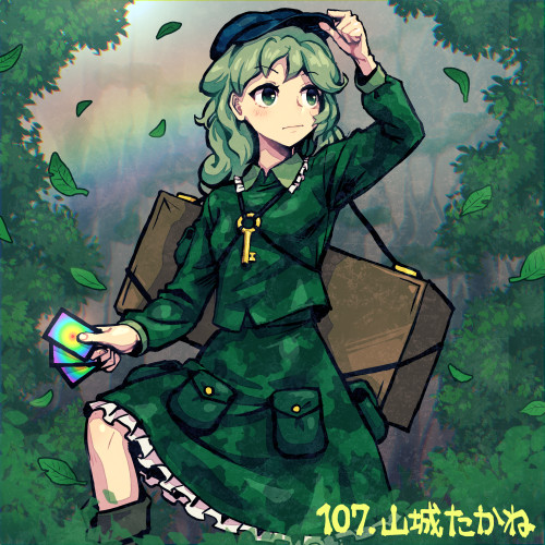 1girl blue_headwear camouflage camouflage_shirt camouflage_skirt card character_name commentary_request falling_leaves flat_cap green_eyes green_hair green_shirt green_skirt hand_on_headwear hand_up hat holding holding_card key leaf long_hair lowres meimaru_inuchiyo outdoors rainbow shirt skirt solo touhou yamashiro_takane