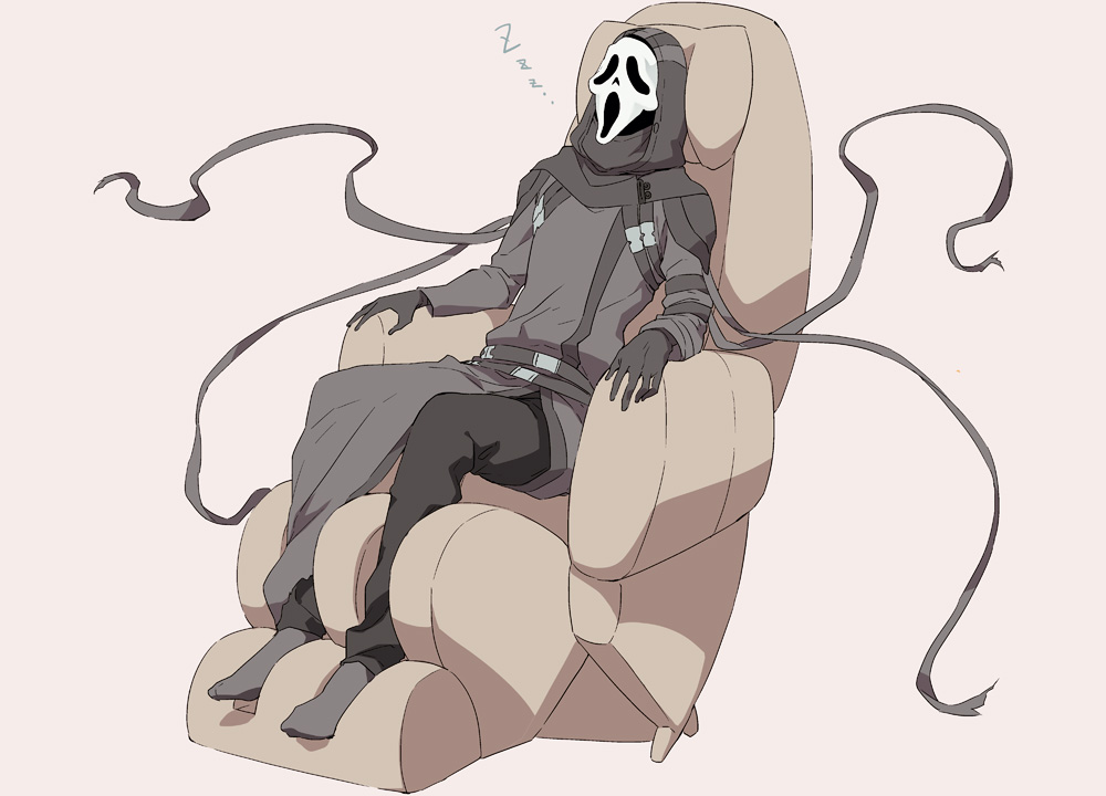 ... 1boy arm_strap beige_background belt black_belt black_eyes black_gloves chair dead_by_daylight ghostface gloves mask mizu_cx reclining sitting sleeping solo zzz