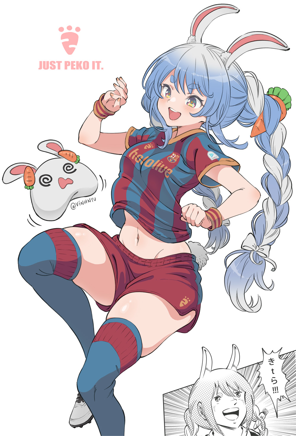 1girl @_@ alternate_costume animal_ear_fluff animal_ears artist_name blue_legwear blue_shirt blush braid breasts bunny-shaped_pupils bunny_ears captain_tsubasa carrot_hair_ornament catchphrase cleats commentary copyright_name cowboy_shot cross-laced_footwear english_commentary eyebrows_visible_through_hair fc_barcelona food-themed_hair_ornament foot_out_of_frame groin hair_ornament hair_ribbon highres hololive juggling knee_up light_blue_hair lionel_messi logo long_hair medium_breasts midriff motion_lines multicolored_hair multiple_views nail_polish navel nike nousagi_(usada_pekora) open_mouth parody red_eyes red_shirt red_shorts ribbon shirt shoes short_shorts short_sleeves shorts simple_background skindentation smile soccer_uniform sportswear striped striped_shirt style_parody sweatband symbol-shaped_pupils symbol_commentary takahashi_youichi_(style) thick_eyebrows thighs translated tress_ribbon twin_braids twintails twitter_username two-tone_hair two-tone_shirt usada_pekora vertical-striped_shirt vertical_stripes vinhnyu virtual_youtuber white_background white_footwear white_hair white_ribbon wristband yellow_nails