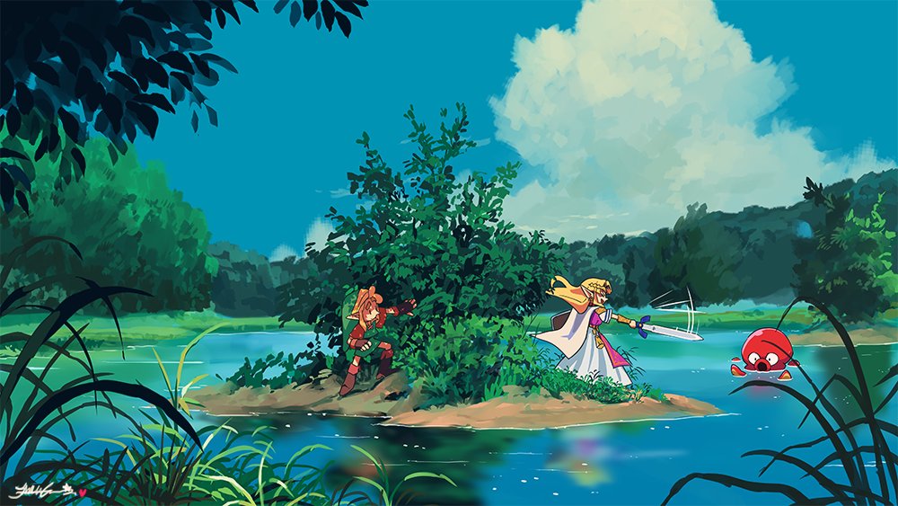 1boy 1girl blonde_hair blue_sky bracer brown_hair cloud commentary day english_commentary fingerless_gloves gloves grass green_headwear holding holding_sword holding_weapon lake link long_hair looking_at_another master_sword matt_cummings motion_lines octorok outdoors partially_submerged pointy_ears princess_zelda scenery shield sky standing sword the_legend_of_zelda the_legend_of_zelda:_a_link_to_the_past tree water weapon