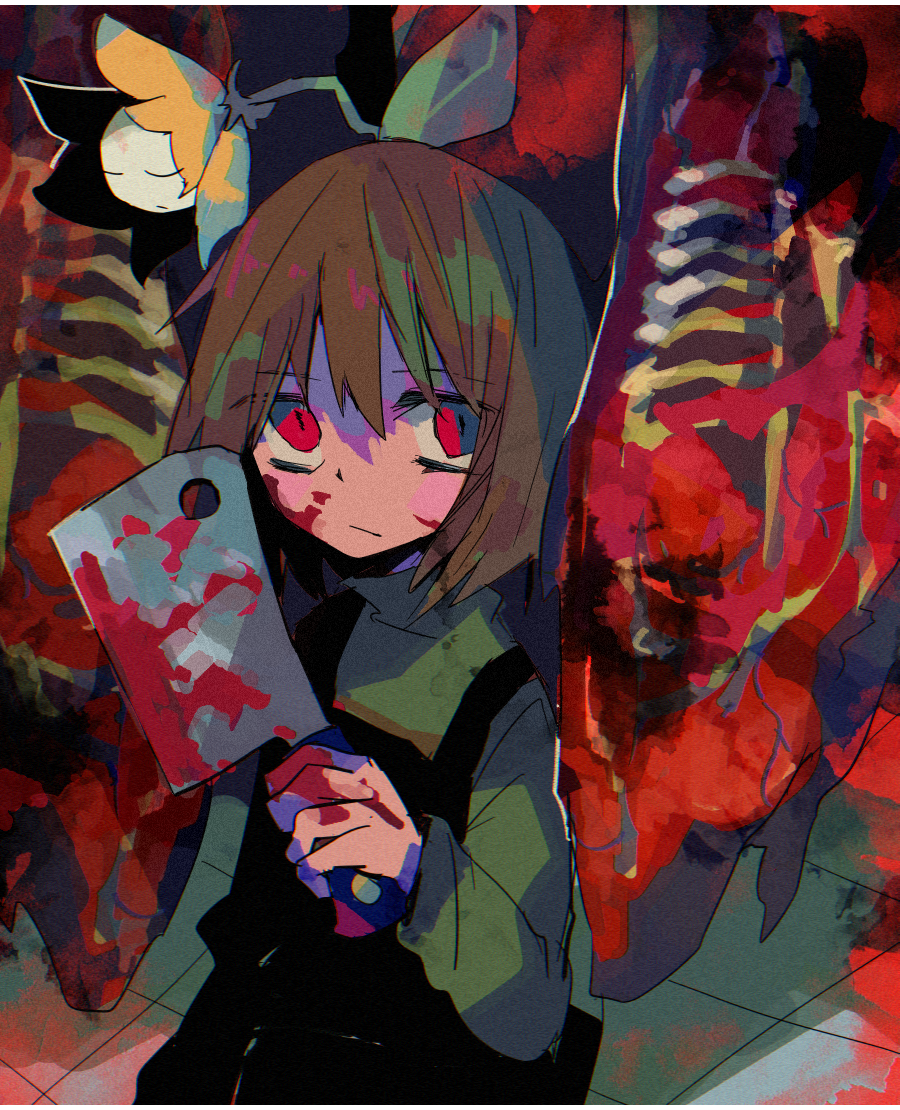 1other androgynous bangs black_overalls blood blood_on_face bloody_hands bone chara_(undertale) cleaver closed_eyes flowey_(undertale) food green_sweater hair_between_eyes hanging_food holding long_sleeves meat meat_cleaver overalls red_eyes soumenhiyamugi sweater undertale