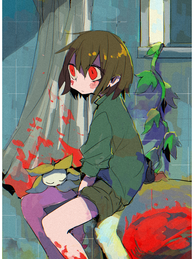 1other androgynous bangs bath bath_of_blood bathroom bathtub blood blood_on_face blood_splatter blush_stickers brown_hair chara_(undertale) closed_eyes closed_mouth curtains expressionless flower flowey_(undertale) green_shorts hair_between_eyes long_sleeves multiple_others plant red_eyes shorts sitting sleeping soumenhiyamugi striped striped_sweater sweater tile_wall tiles undertale vines yellow_flower