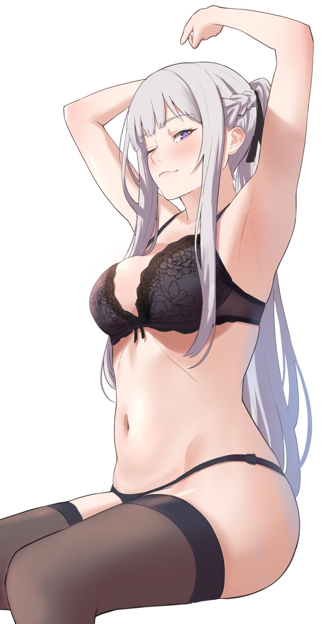 1girl ak-12_(girls_frontline) armpits arms_up bangs black_bra black_legwear black_panties black_ribbon blush bra braid breasts closed_mouth girls'_frontline hair_ribbon highres ichinose_(ichinose1592) invisible_chair large_breasts long_hair looking_at_viewer navel one_eye_closed panties ponytail ribbon silver_hair simple_background sitting solo thighhighs underwear underwear_only white_background