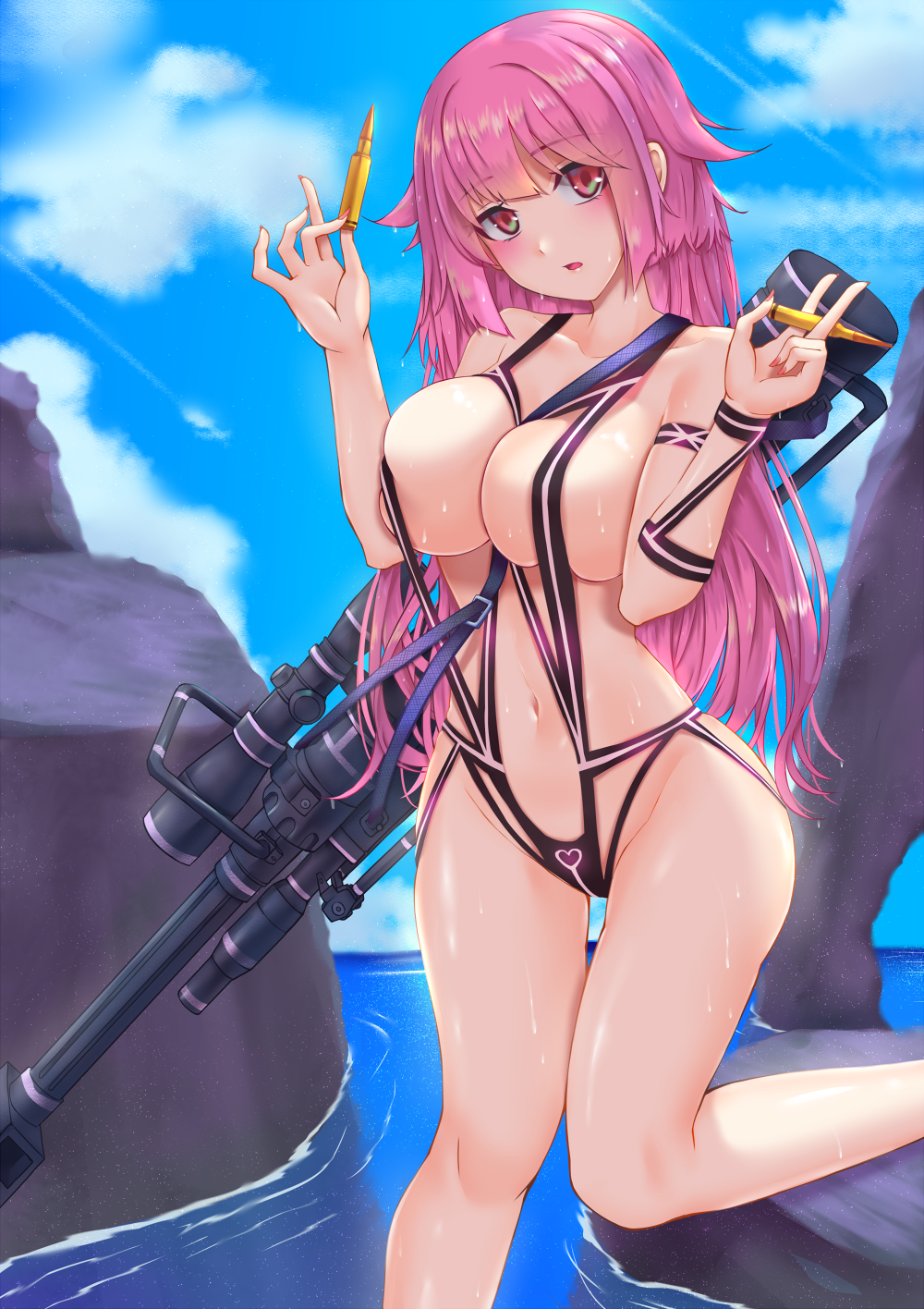 1girl anti-materiel_rifle bangs bare_legs bare_shoulders between_breasts blush breasts bullet cloud collarbone eyebrows_visible_through_hair fingernails girls'_frontline groin gun hair_flaps hands_up highres holding_bullet horizon large_breasts long_hair looking_at_viewer navel ntw-20 ntw-20_(girls_frontline) ocean one-piece_swimsuit outdoors pao_mian+dan parted_lips pink_hair pink_nails red_eyes revealing_clothes rifle skindentation sky sniper_rifle solo standing standing_on_one_leg swimsuit thigh_gap thighs water weapon wet