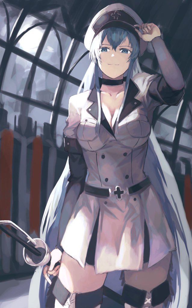 1girl akame_ga_kill! bangs black_choker blue_eyes boots breasts choker cleavage closed_mouth collarbone cowboy_shot dress esdeath hair_between_eyes hat holding holding_sword holding_weapon large_breasts layered_sleeves long_hair long_sleeves looking_at_viewer military military_hat military_uniform nasubin_(user_tjyp5584) sheath sheathed short_dress short_over_long_sleeves short_sleeves silver_hair smile solo standing sword thigh_boots thighhighs uniform very_long_hair weapon white_dress white_footwear white_headwear zettai_ryouiki