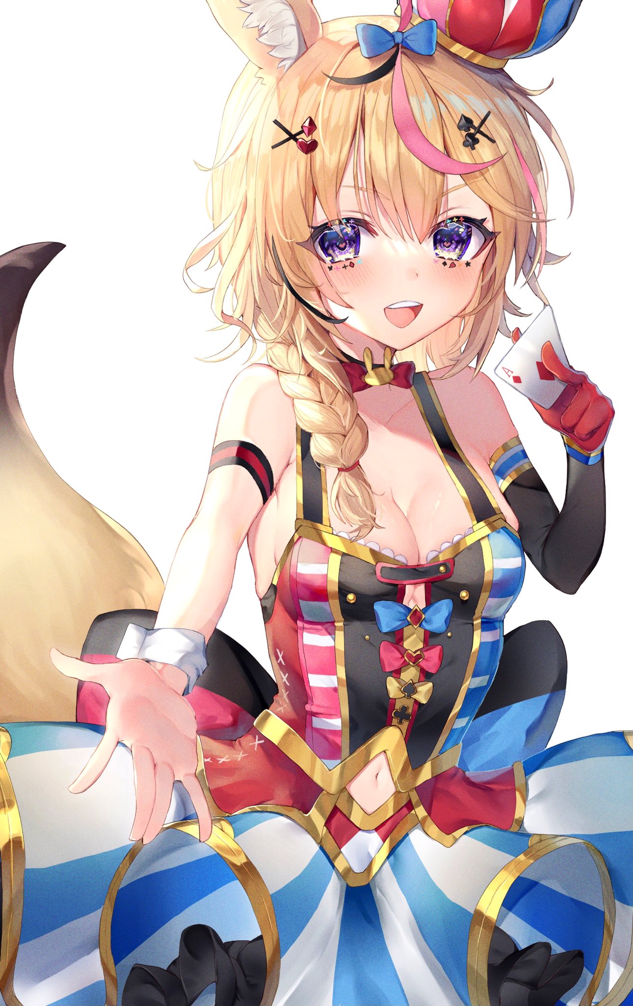 1girl :d ace_of_diamonds animal_ear_fluff animal_ears bangs bare_shoulders blonde_hair blue_bow blush bow braid breasts cleavage clothing_cutout detached_sleeves fox_ears fox_girl fox_tail gloves hair_bow hair_ornament hand_up hat highres holding holding_playing_card hololive long_hair looking_at_viewer medium_breasts multicolored_hair navel navel_cutout omaru_polka open_mouth outstretched_arm pink_hair purple_eyes red_gloves single_braid single_detached_sleeve single_glove single_wrist_cuff skirt smile solo streaked_hair striped tail tail_raised upper_teeth vertical-striped_skirt vertical_stripes virtual_youtuber warayanuko wrist_cuffs x_hair_ornament
