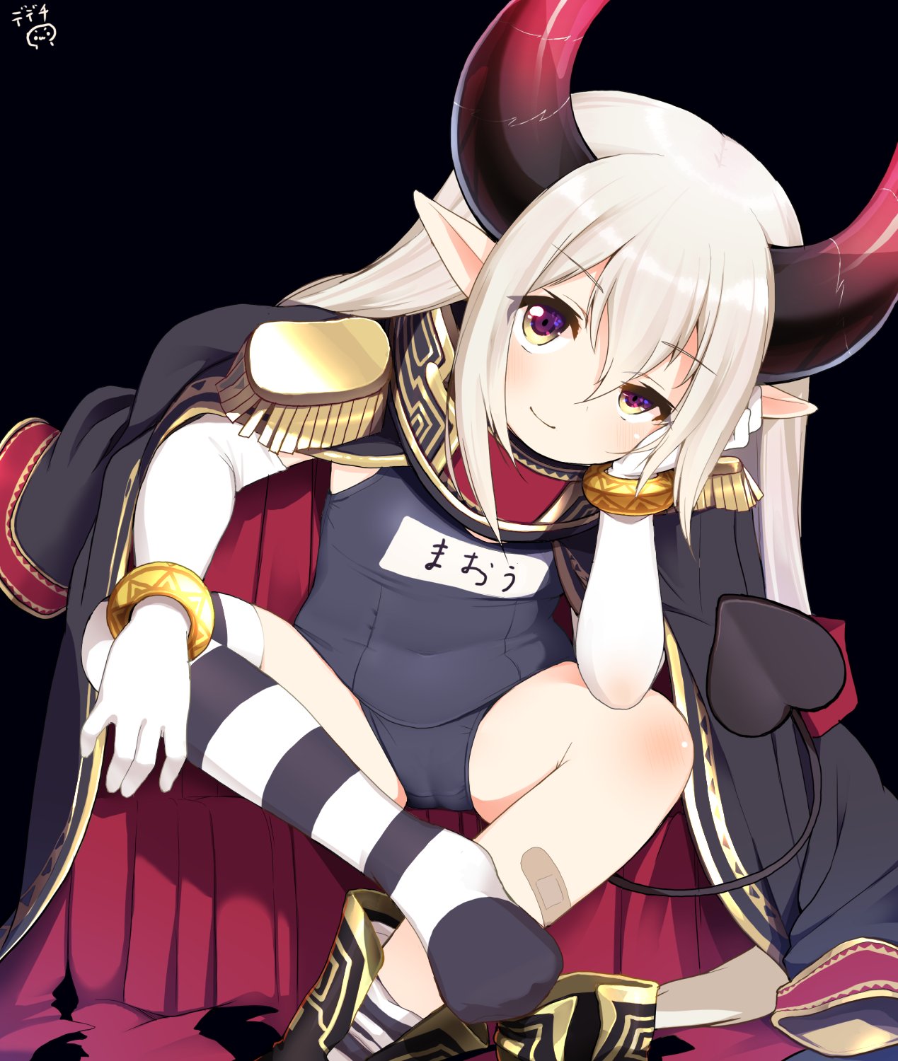 1girl bangle black_background blue_swimsuit blush boot_removed boots bracelet commentary_request curled_horns demon_girl demon_horns demon_tail elbow_gloves emma_august epaulettes eyebrows_visible_through_hair gloves gold_trim gradient_horns grey_hair head_rest highres horns jacket jacket_on_shoulders jewelry long_hair looking_at_viewer mismatched_legwear multicolored_horns name_tag nejime nijisanji old_school_swimsuit one-piece_swimsuit pointy_ears red_horns school_swimsuit simple_background single_boot single_thighhigh sitting smile solo striped striped_legwear swimsuit tail thighhighs virtual_youtuber white_gloves yellow_eyes