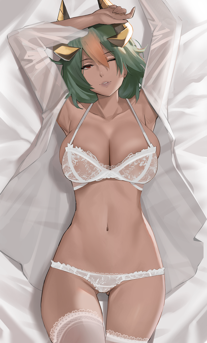 1girl armpits breasts dark-skinned_female dark_skin earrings fire_emblem fire_emblem_heroes green_hair headgear highres horns j@ck jewelry laegjarn_(fire_emblem) large_breasts lingerie looking_at_viewer lying multicolored_hair on_back one_eye_closed open_clothes panties red_eyes see-through skindentation smile solo thighhighs underwear white_panties