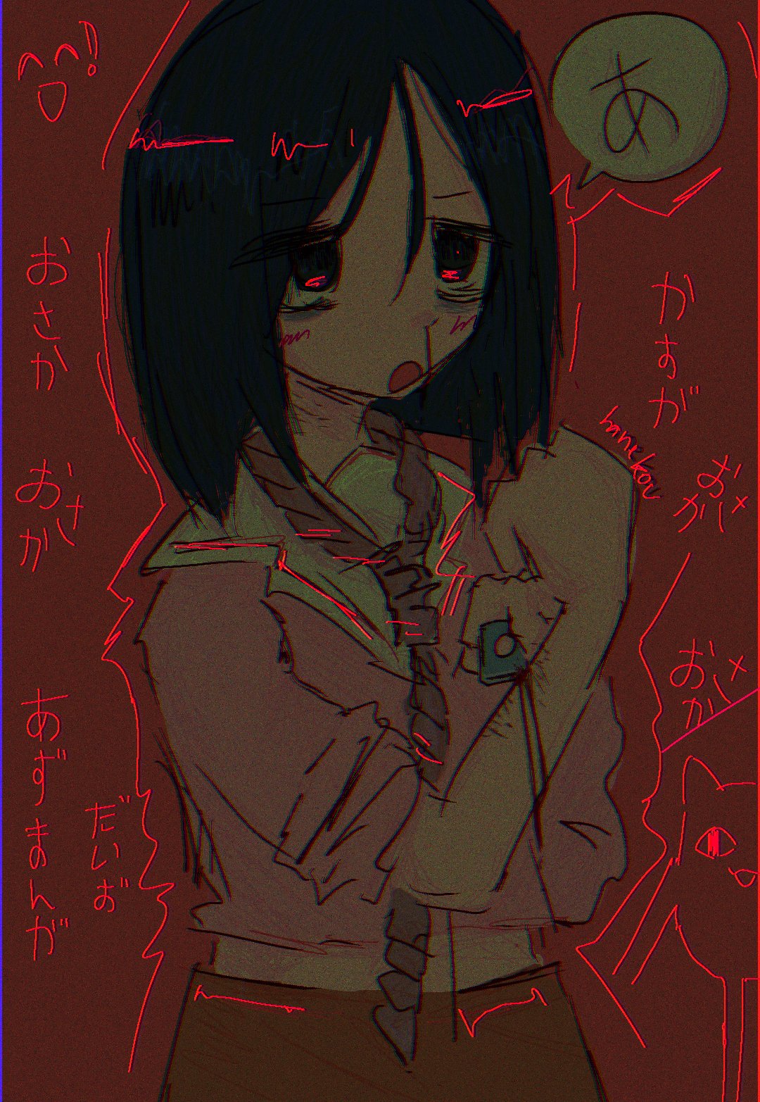 1girl a azumanga_daioh bags_under_eyes black_eyes black_hair bleeding blood bloody_nose blush breasts brown_skirt cat character_name chiyo_chichi copyright_name cutting d: dark glitch hair_between_eyes hands_up hanekou1118 highres holding injury kasuga_ayumu light_frown medium_breasts medium_hair multicolored multicolored_eyes no_bangs noose open_mouth pink_shirt purple_neckwear razor red_background red_eyes school_uniform self_harm serafuku shirt skirt sleeves_pushed_up smiley_face solo speech_bubble wrist_cutting yami_kawaii