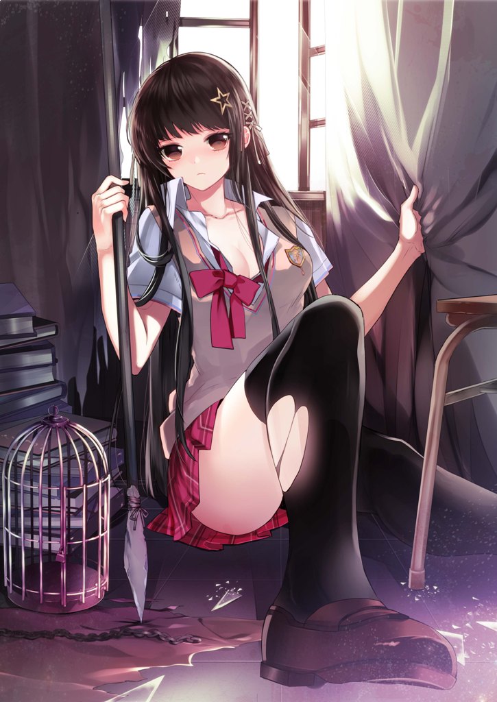 1girl bangs birdcage black_hair black_legwear boku_wa_isekai_de_fuyo_mahou_to_shoukan_mahou_wo_tenbin_ni_kakeru book book_stack bow bowtie breasts brown_eyes brown_footwear cage character_request cleavage closed_mouth collarbone cover_image curtain_grab curtains hair_ornament holding holding_spear holding_weapon indoors jpeg_artifacts knee_up loafers long_hair looking_at_viewer loose_bowtie manyako_(mohumohu) medium_breasts miniskirt novel_illustration official_art on_floor open_window plaid plaid_skirt pleated_skirt polearm red_neckwear red_skirt school_uniform shoes short_sleeves sitting sitting_on_floor skirt solo spear star_(symbol) star_hair_ornament straight_hair sunlight sweater_vest textless thighhighs thighs torn_clothes torn_legwear upskirt weapon window