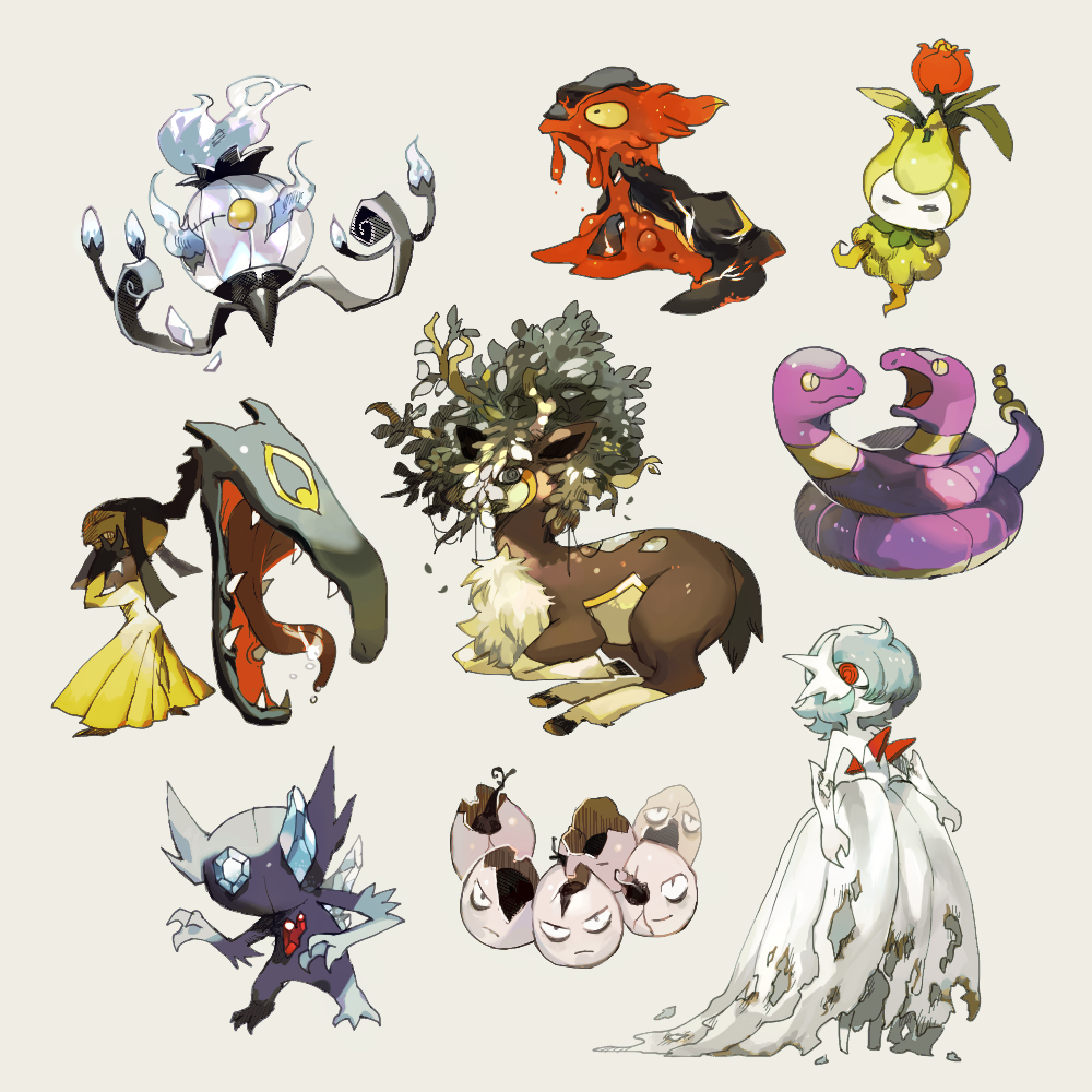 chandelure closed_eyes colored_skin commentary_request crack ekans exeggcute fangs fire flower gardevoir gen_1_pokemon gen_2_pokemon gen_3_pokemon gen_5_pokemon hands_up mawile mega_gardevoir mega_pokemon messy_hair newo_(shinra-p) open_mouth petilil pokemon pokemon_(creature) sableye saliva sawsbuck slugma standing tongue white_skin yellow_eyes
