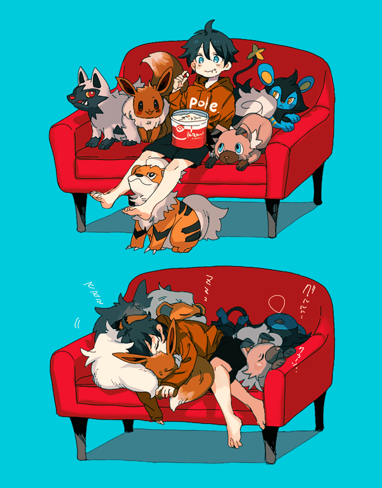 1boy :t bangs barefoot black_hair black_shorts blue_background blue_eyes brown_hoodie closed_eyes closed_mouth commentary_request couch eevee eyebrows_visible_through_hair food food_on_face gen_1_pokemon gen_3_pokemon gen_4_pokemon gen_7_pokemon growlithe hair_between_eyes hood hoodie knees male_focus multiple_views newo_(shinra-p) pokemon poochyena rockruff shinx shorts simple_background sleeping toes zzz