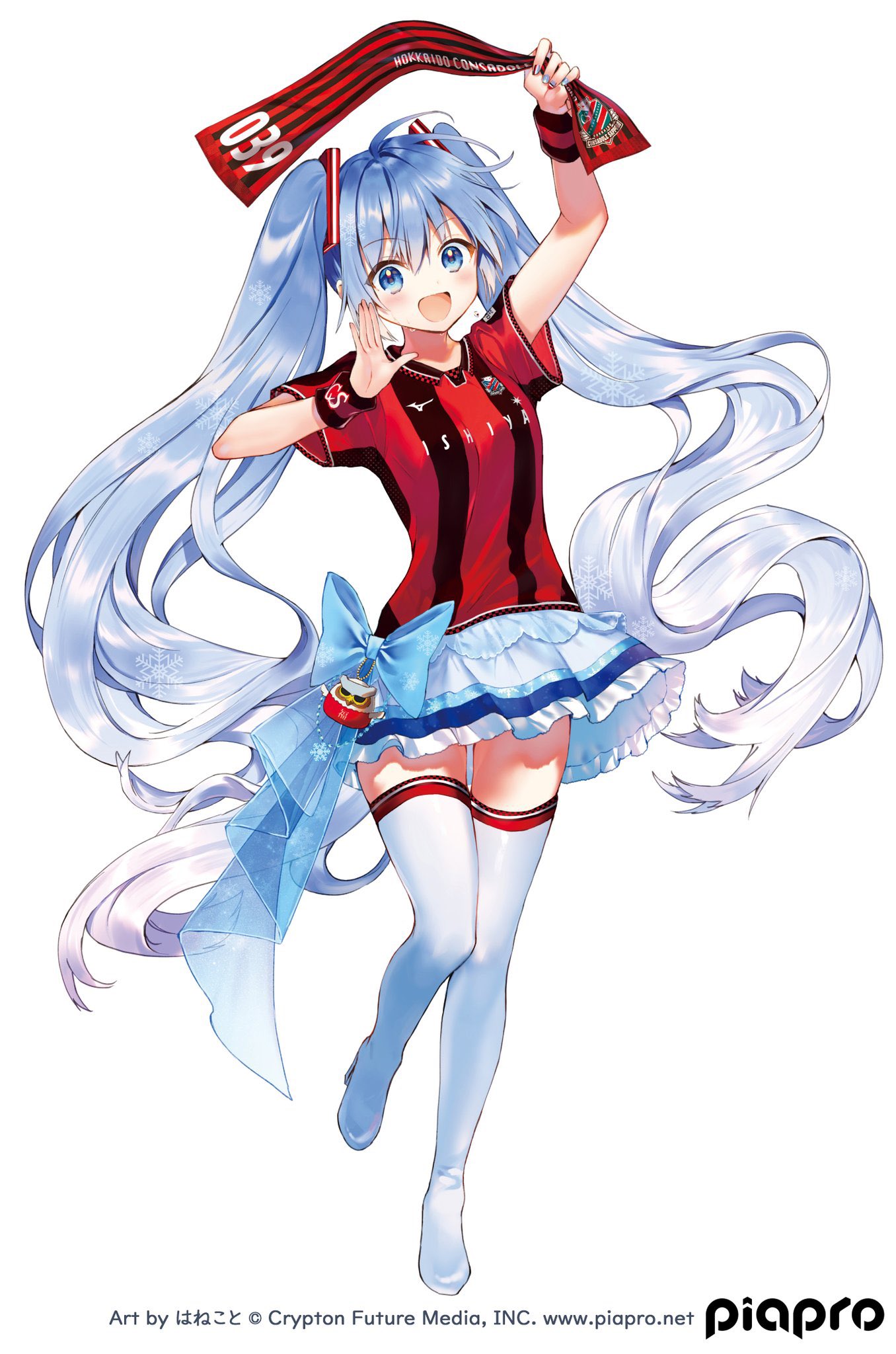 ;d ahoge arm_up bangs blue_bow blue_hair blush boots bow clothes_writing commentary consadole_sapporo eyebrows_visible_through_hair frilled_skirt frills gradient_hair hand_up hanekoto hatsune_miku high_heel_boots high_heels highres holding jersey leg_up long_hair looking_at_viewer miniskirt multicolored_hair number official_art one_eye_closed open_mouth red_shirt shirt short_sleeves silver_hair simple_background skirt smile standing standing_on_one_leg striped striped_shirt sweatband thigh_boots thighhighs twintails vertical-striped_shirt vertical_stripes very_long_hair vocaloid white_background white_skirt zettai_ryouiki