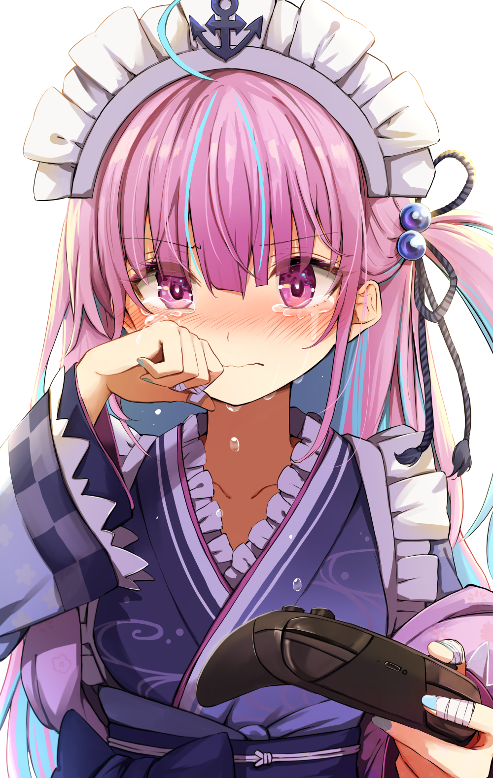 1girl anchor_symbol blush commentary_request controller crying eyebrows_visible_through_hair frilled_kimono frills game_controller hand_on_own_cheek hand_on_own_face highlights highres hololive japanese_clothes kimono looking_at_viewer maid_headdress minato_aqua multicolored_hair nintendo_switch_pro_controller pink_eyes pink_hair solo summer_tail720 taped_fingers virtual_youtuber