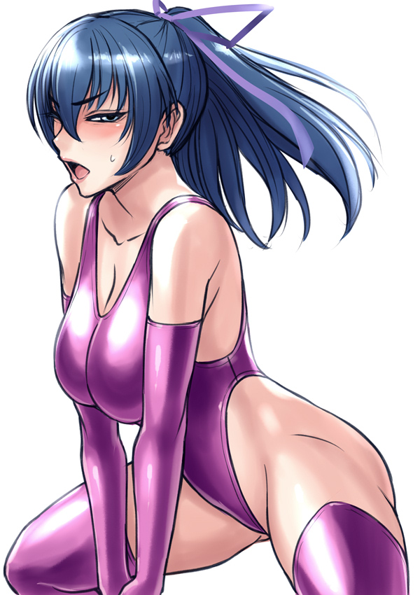 1girl blue_hair cowboy_shot elbow_gloves gloves green_eyes hai_(h81908190) haigure_pose highleg highleg_leotard igawa_asagi impossible_clothes impossible_leotard leotard looking_at_viewer ponytail purple_leotard shiny shiny_clothes skin_tight solo taimanin_(series) taimanin_asagi thighhighs