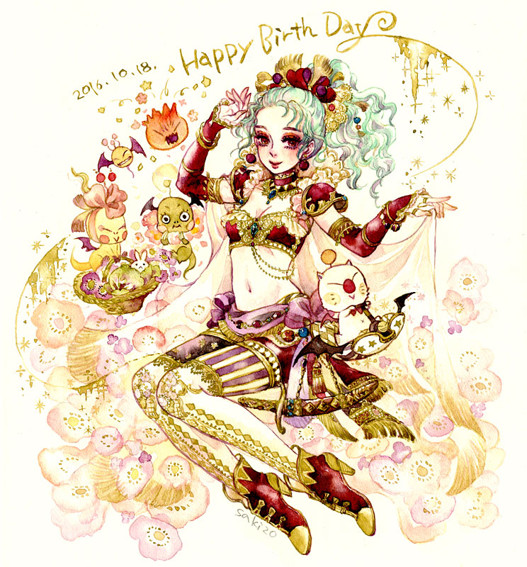 armor bomb_(final_fantasy) boots bracelet breasts cape choker cleavage dated detached_sleeves earrings final_fantasy final_fantasy_vi flower frills full_body green_hair happy_birthday high_heels jewelry long_hair moogle navel pauldrons print_legwear red_footwear ring sakizou shoulder_armor simple_background tina_branford wavy_hair white_background